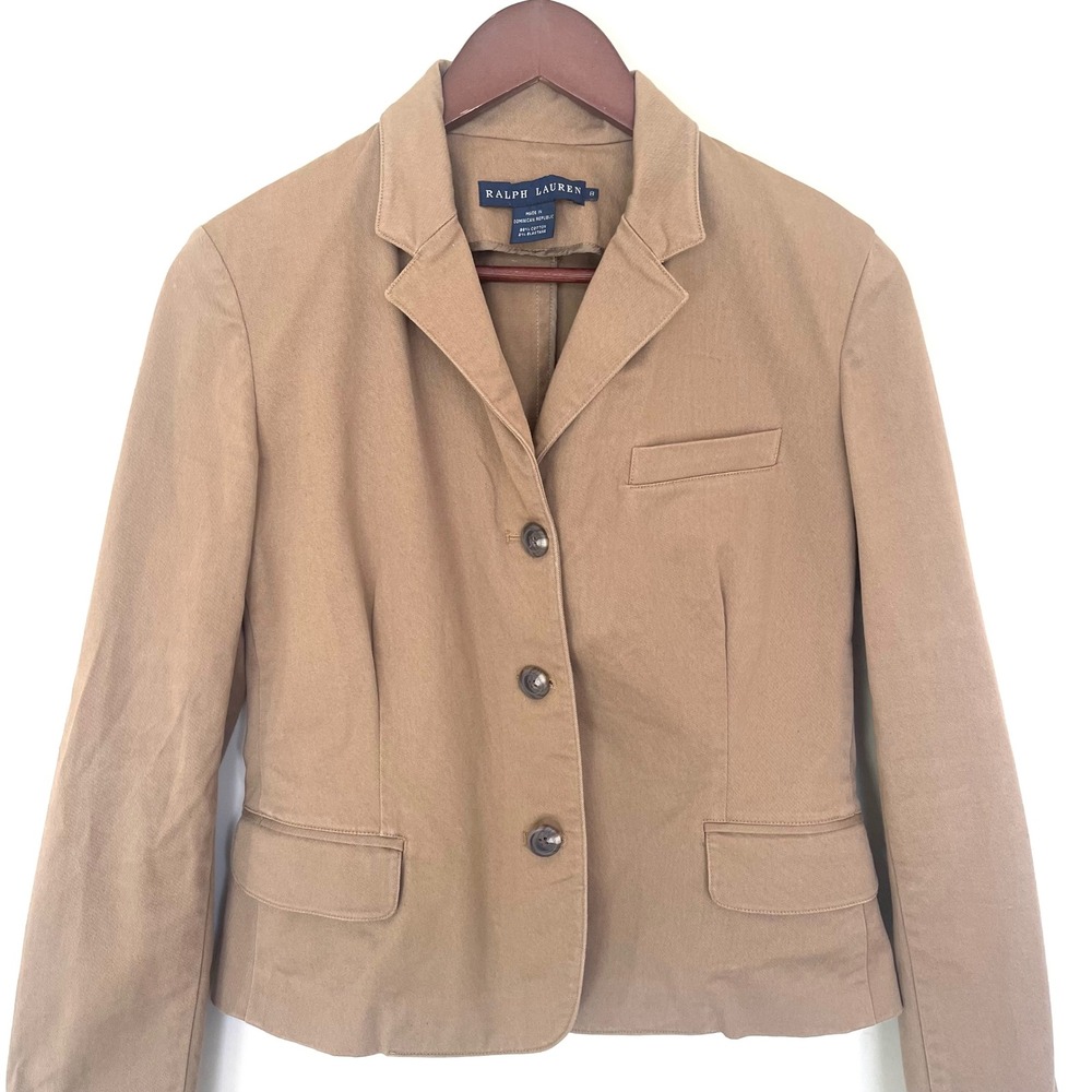 Ralph Lauren Women's Cotton Twill Slim Fit Blazer Jacket 8 Tan 3 Button Preppy